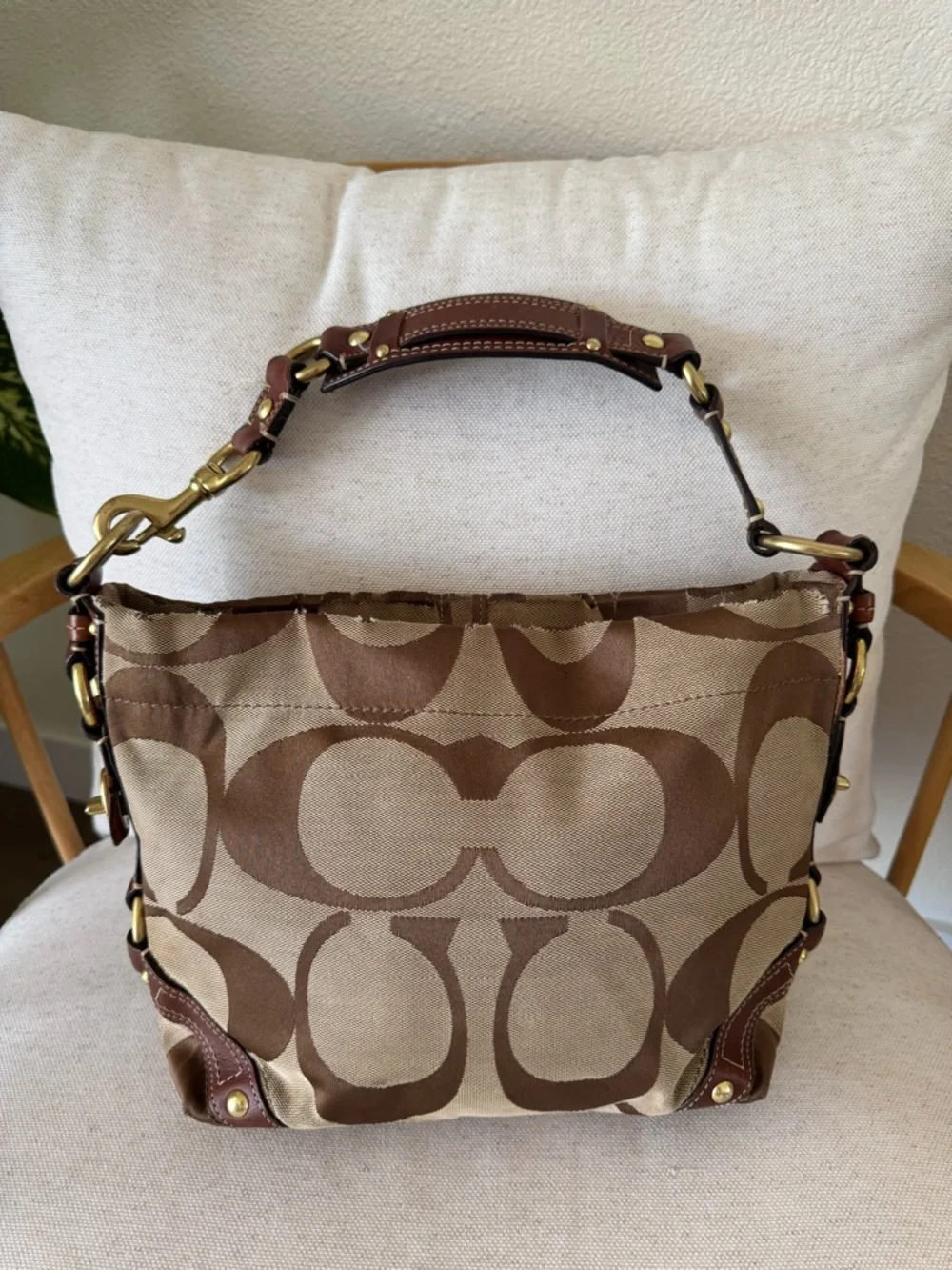Coach Y2K Vintage Signature Carly Canvas Brown Tan Hobo Shoulder HandBag #10619